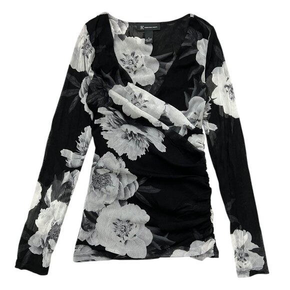 Vintage INC Floral‎ Faux Wrap Ruched Sheer Top Black Small Y2K Going Out - Picture 1 of 9